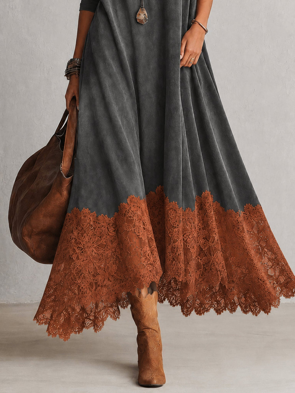Amparo | Vestido largo con efecto ante y bajo de encaje