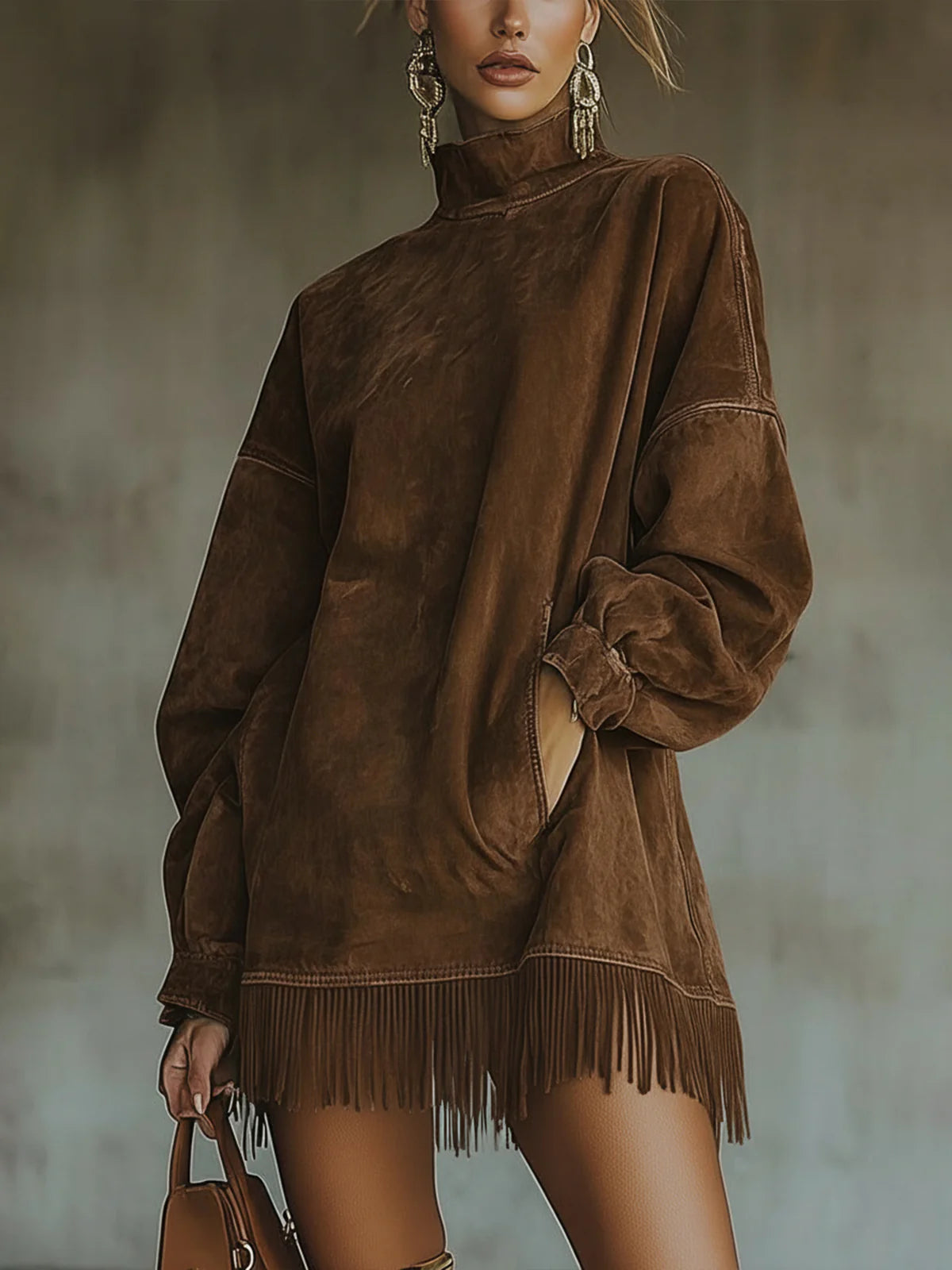 Gabriela | Vestido de ante sintético con cuello alto y flecos