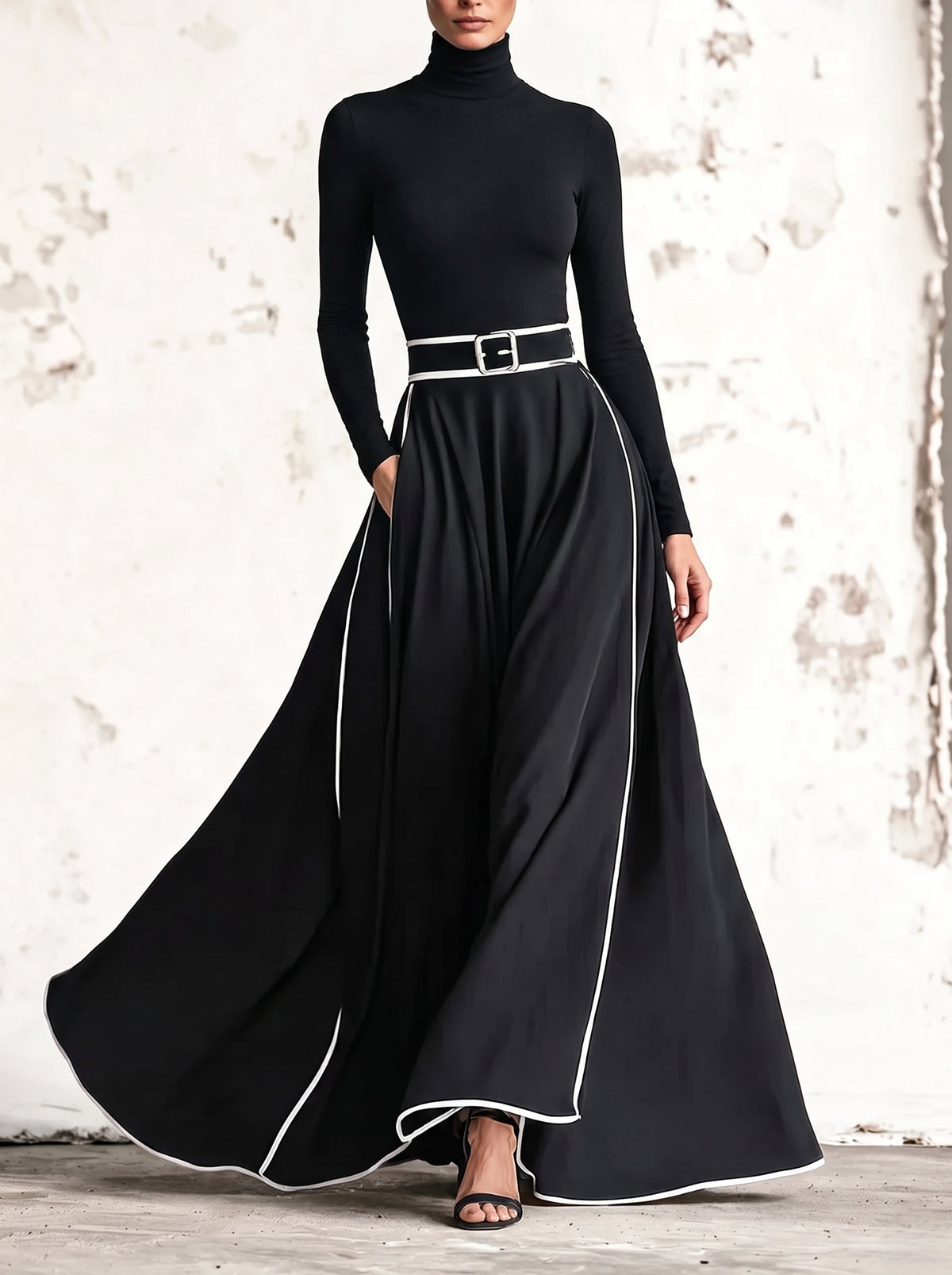 Susana | Abito Maxi con Profili a Contrasto e Cintura