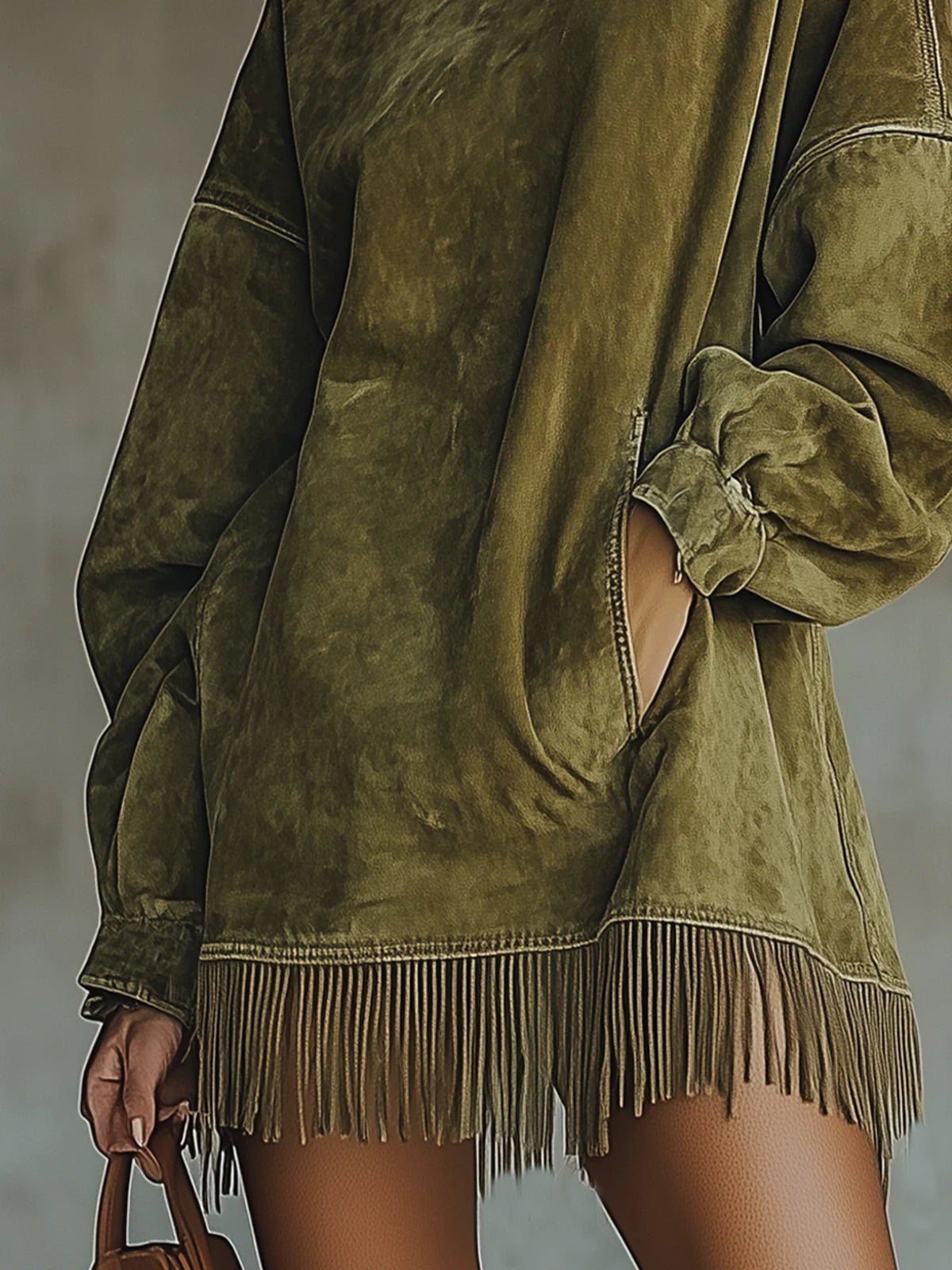 Gabriela | Vestido de ante sintético con cuello alto y flecos