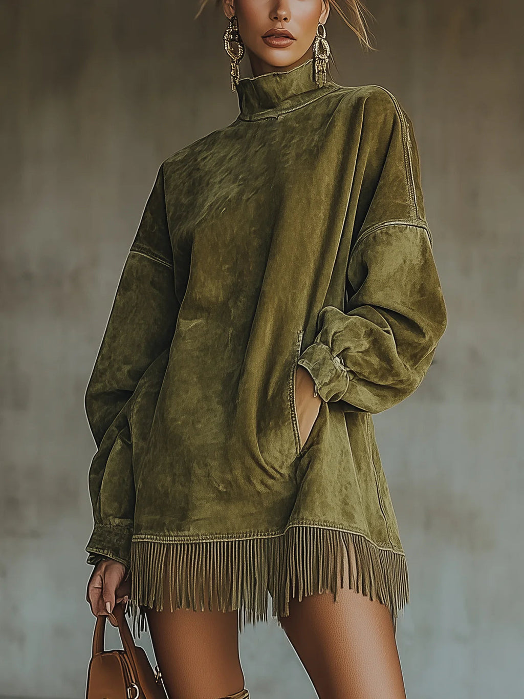 Gabriela | Vestido de ante sintético con cuello alto y flecos