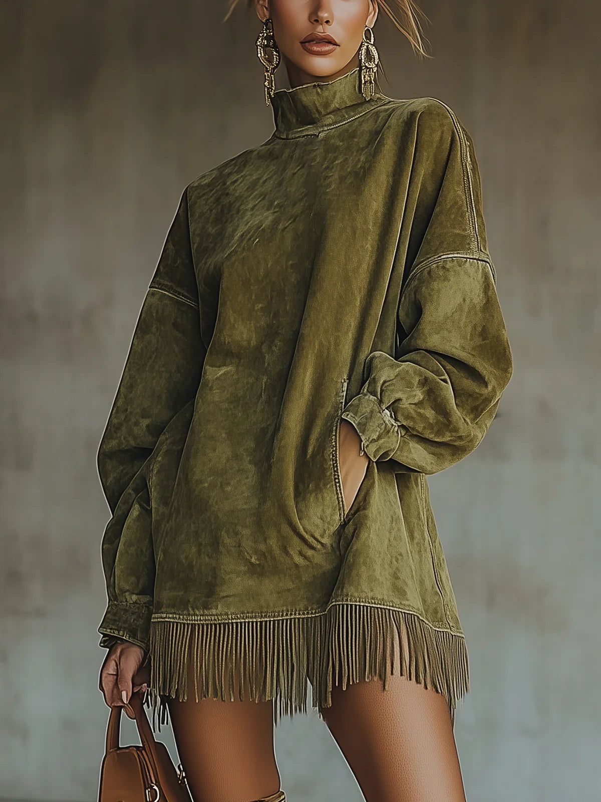 Gabriela | Vestido de ante sintético con cuello alto y flecos