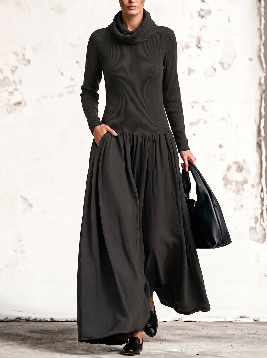 Paola | Vestido largo de manga larga con cuello alto, negro acanalado