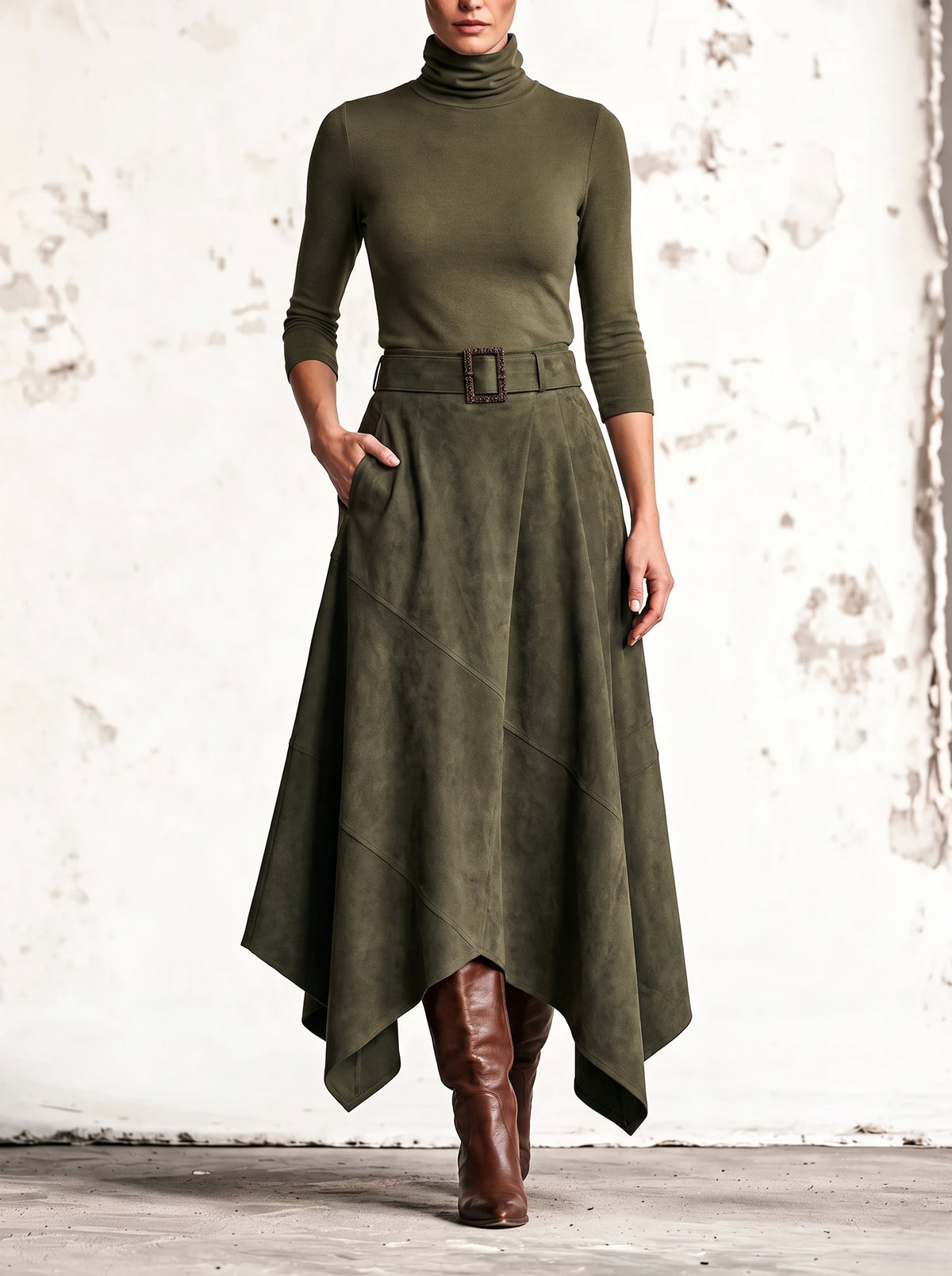 Amparo | Conjunto verde con top de cuello alto y falda midi asimétrica de imitación de ante (con cinturón)