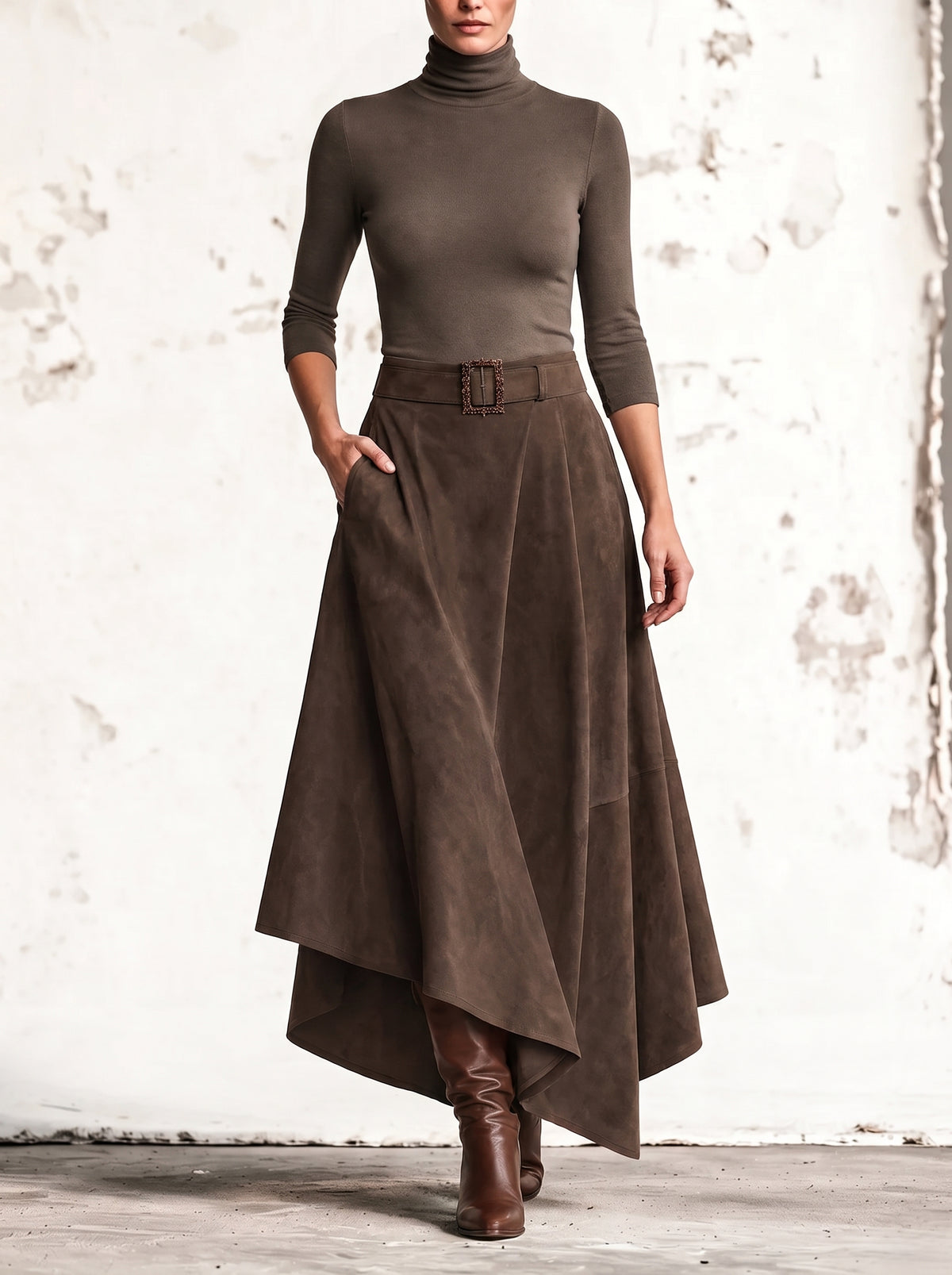 Amparo | Conjunto de color topo, de punto, con cuello alto y falda asimétrica con efecto ante