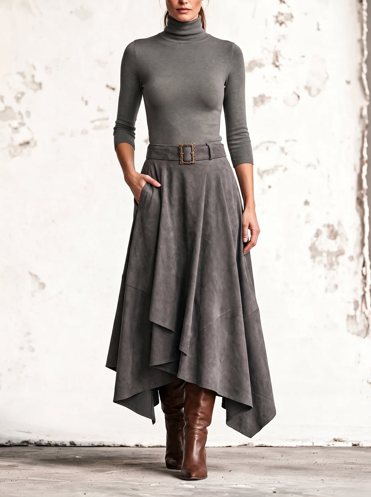 Amparo | Conjunto compuesto por un top gris de cuello alto y una falda midi asimétrica de ante sintético (con cinturó