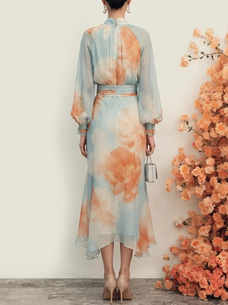 Julieta | Conjunto de dos piezas: top de cuello alto y manga larga con falda romántica con estampado floral