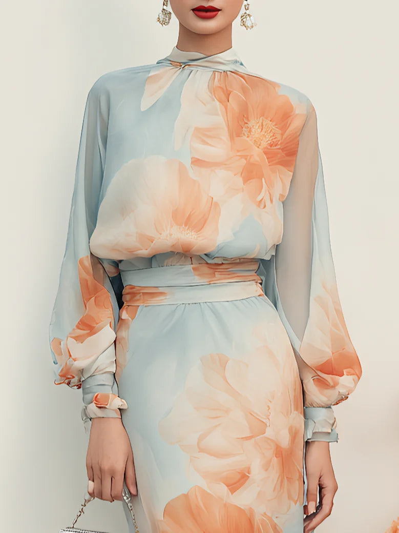 Julieta | Conjunto de dos piezas: top de cuello alto y manga larga con falda romántica con estampado floral