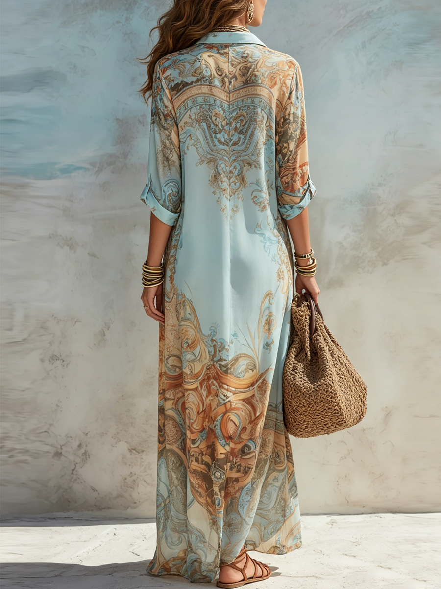 Velia | Vestido largo tipo camisa de gasa con estampado de paisley, azul claro