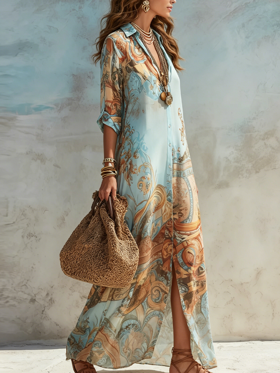Velia | Vestido largo tipo camisa de gasa con estampado de paisley, azul claro