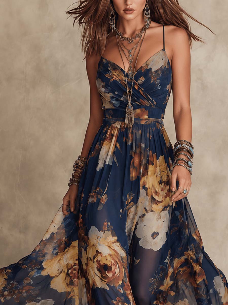 Manuela | Vestido largo de gasa con estampado floral y tirantes finos, azul marino