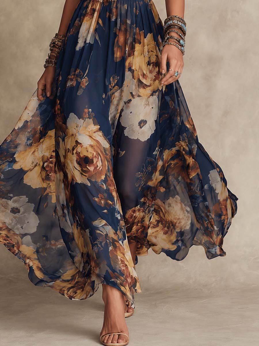 Manuela | Vestido largo de gasa con estampado floral y tirantes finos, azul marino