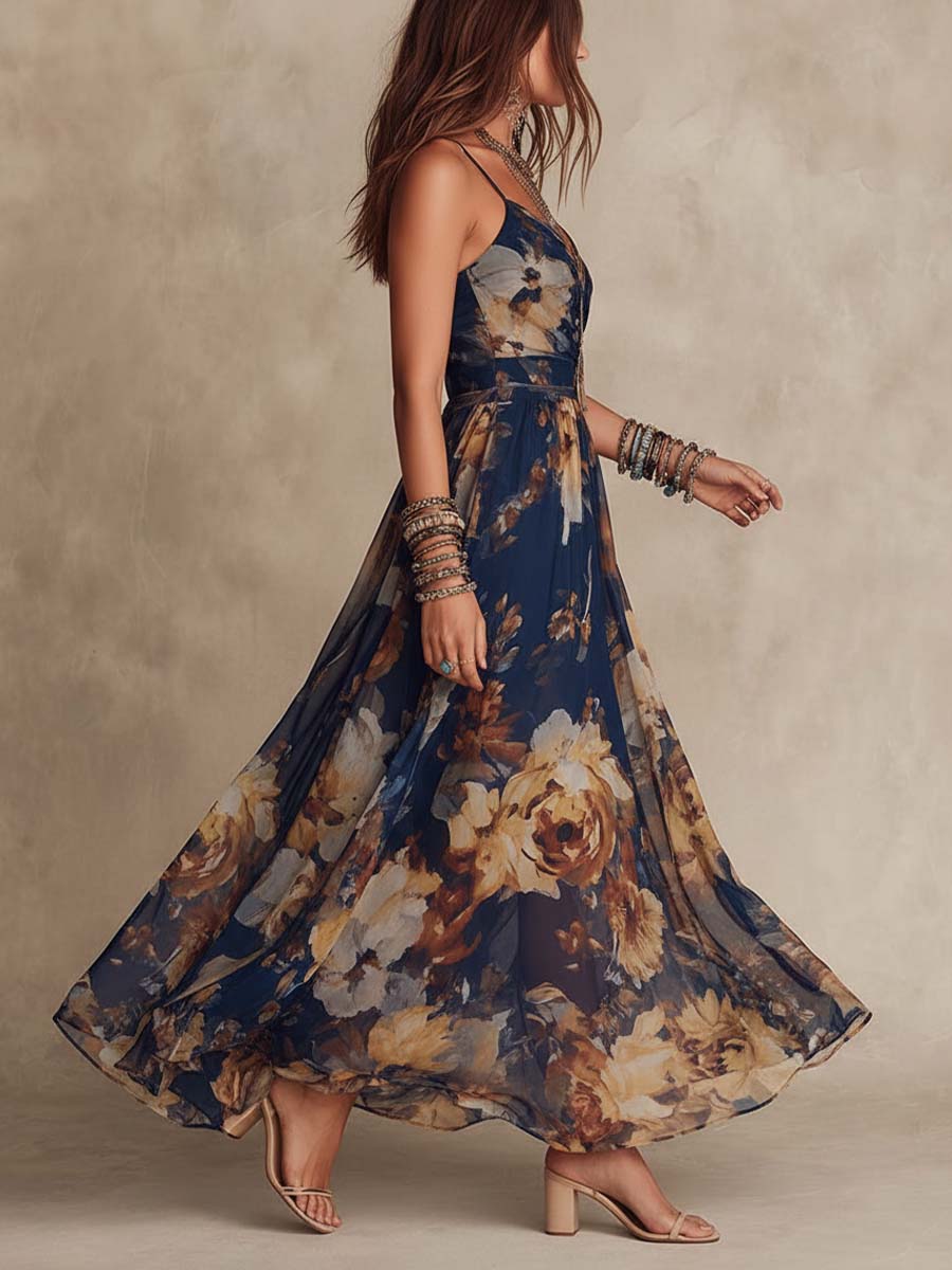 Manuela | Vestido largo de gasa con estampado floral y tirantes finos, azul marino
