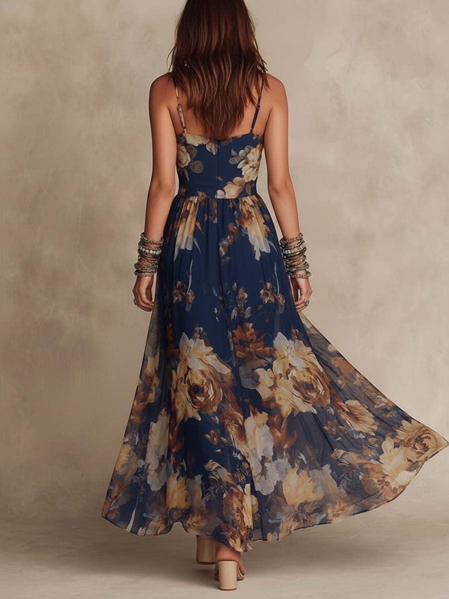 Manuela | Vestido largo de gasa con estampado floral y tirantes finos, azul marino