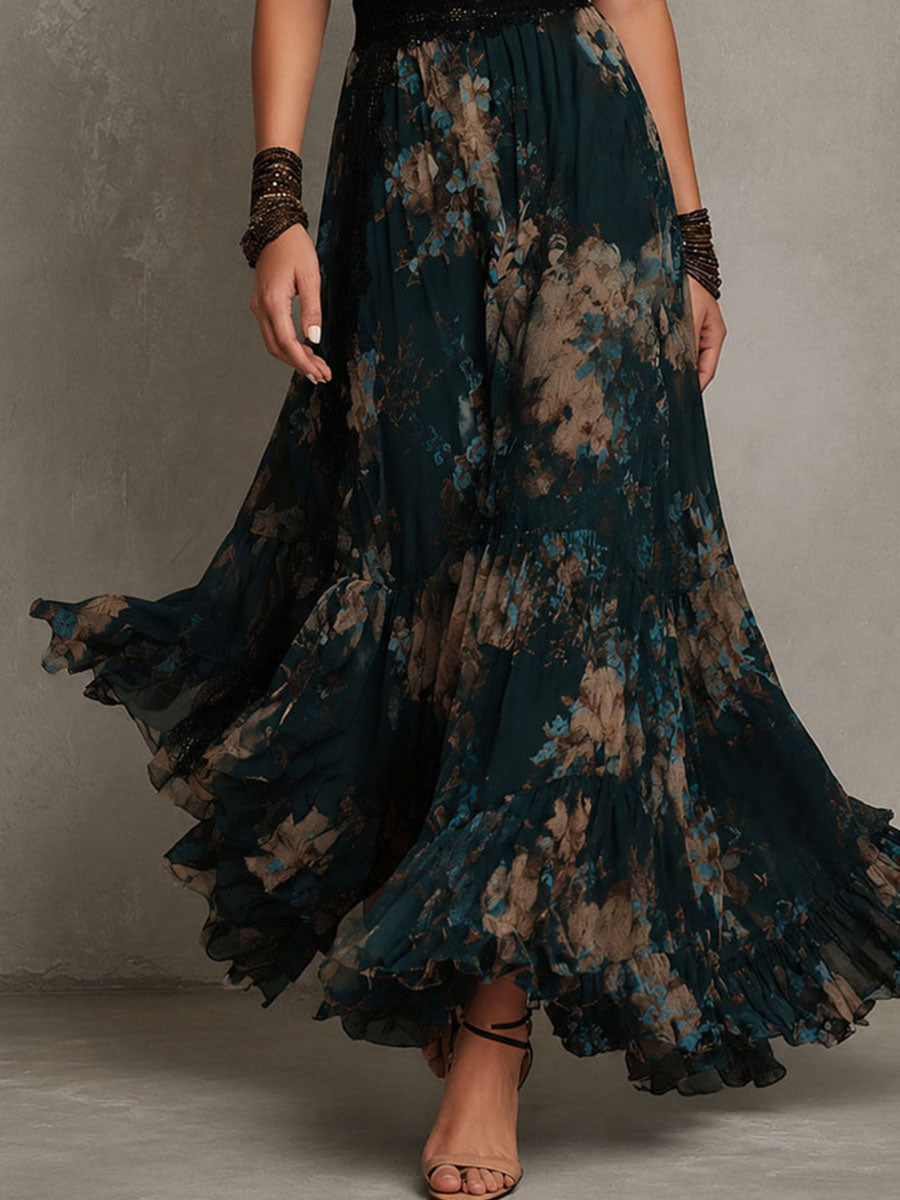 Alina | Vestido largo de gasa vintage verde oscuro con encaje floral