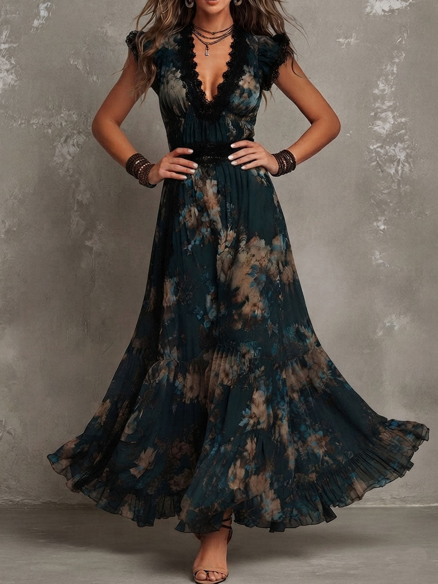 Alina | Vestido largo de gasa vintage verde oscuro con encaje floral