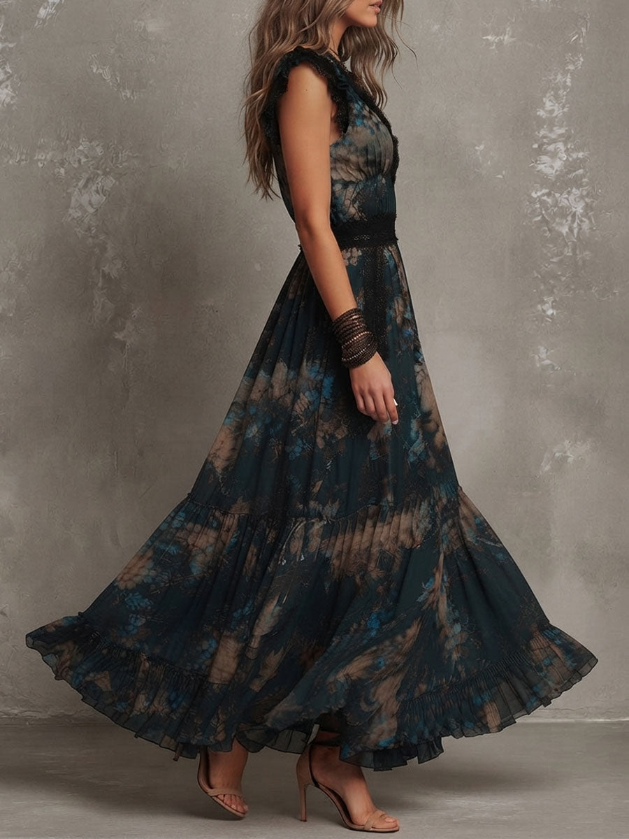 Alina | Vestido largo de gasa vintage verde oscuro con encaje floral