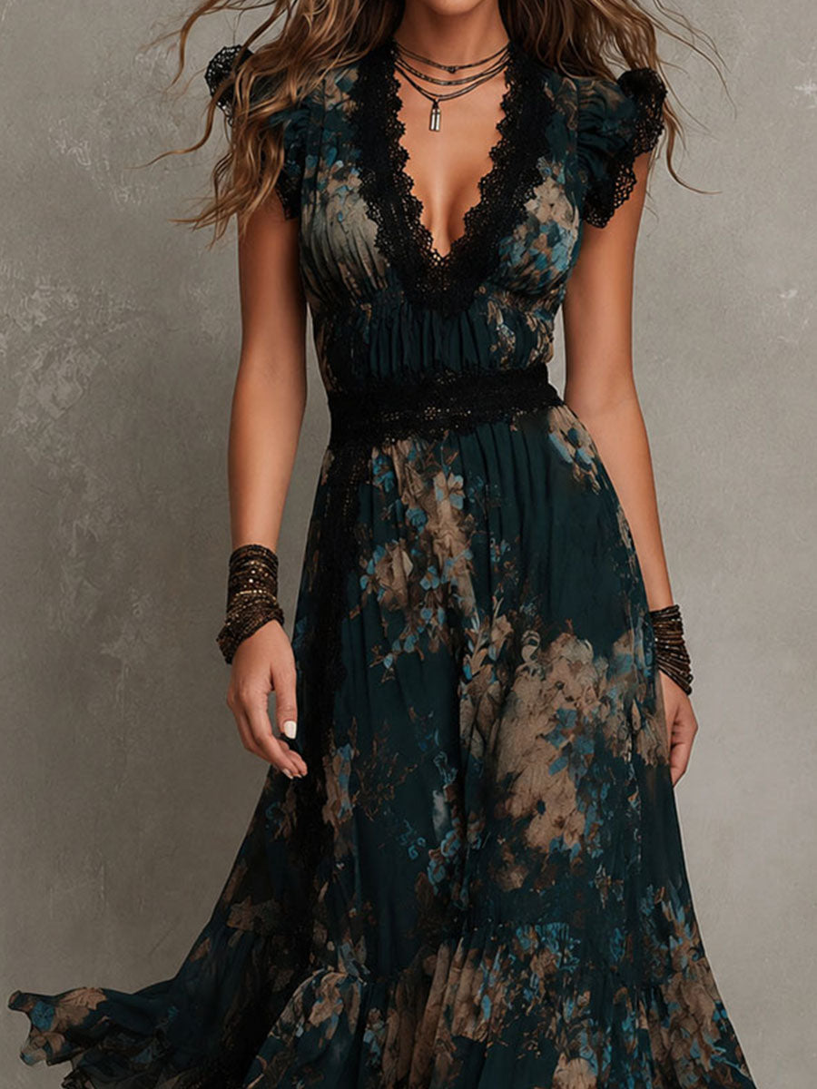 Alina | Vestido largo de gasa vintage verde oscuro con encaje floral