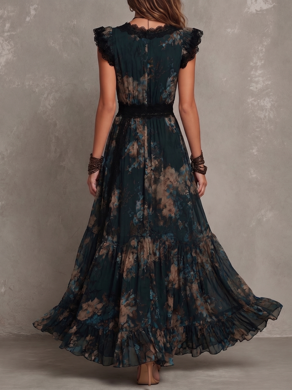 Alina | Vestido largo de gasa vintage verde oscuro con encaje floral