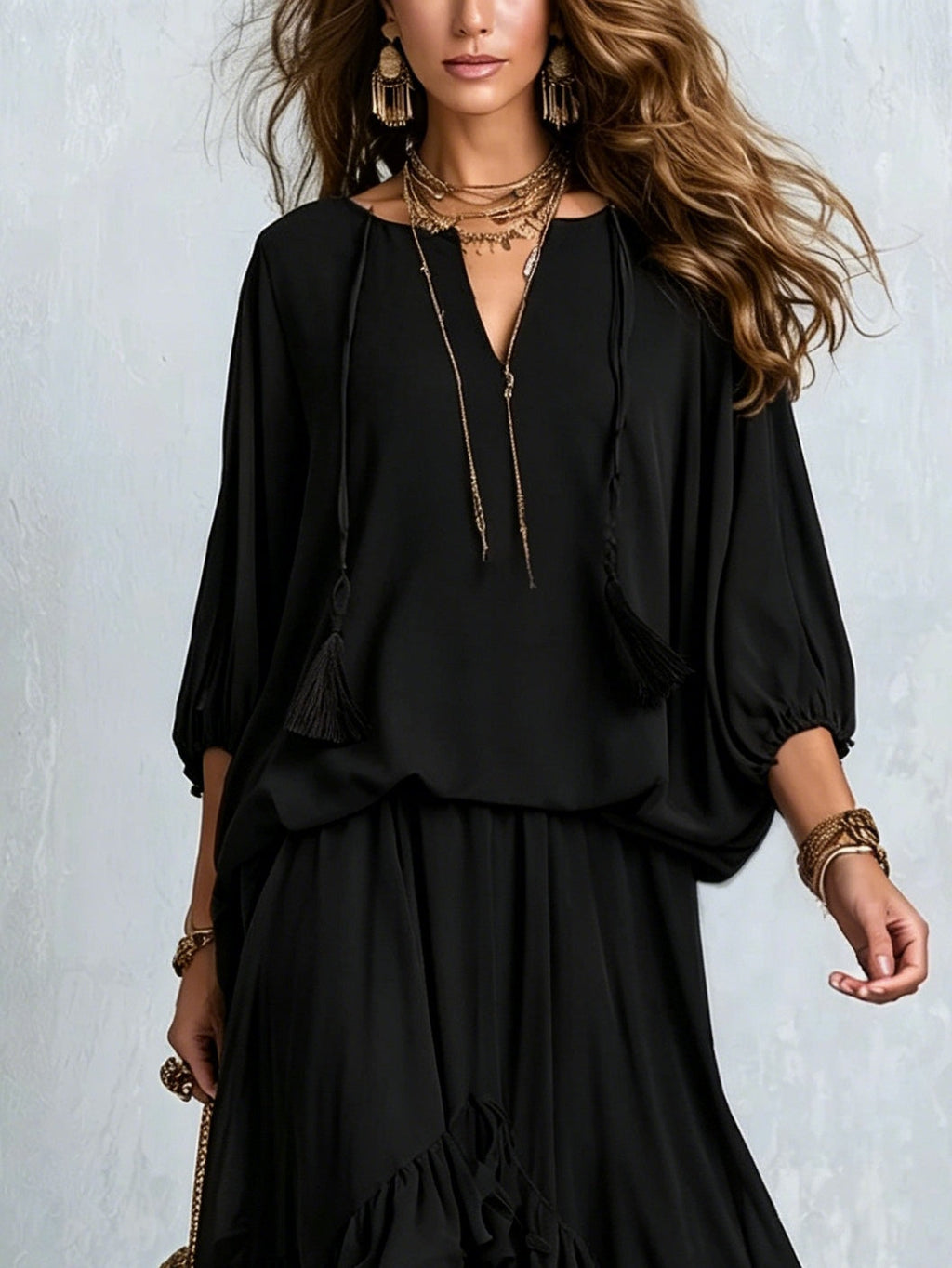 Rosario | Conjunto de top de gasa y falda con volantes, negro