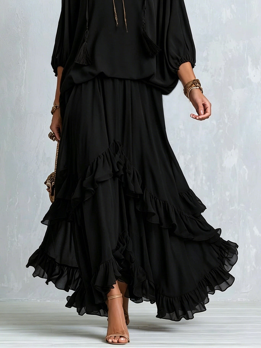 Rosario | Conjunto de top de gasa y falda con volantes, negro