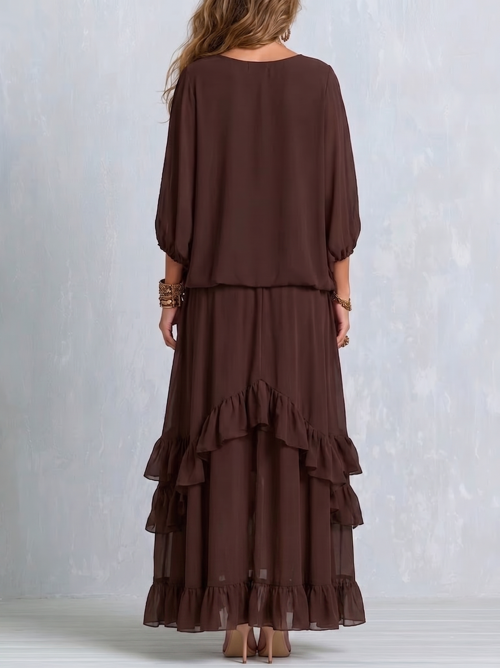 Daniela | Conjunto de top de gasa y falda con volantes, color chocolate