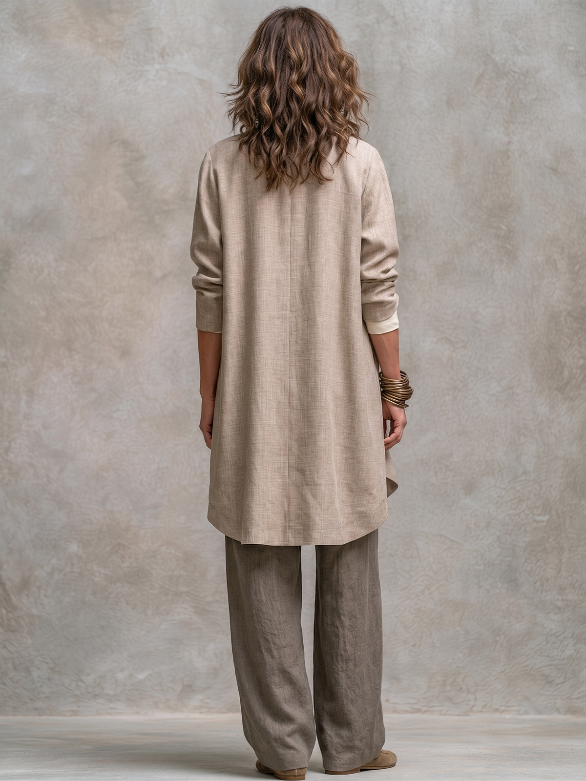 Julieta | Conjunto de tres piezas con pantalón palazzo, en beige y gris