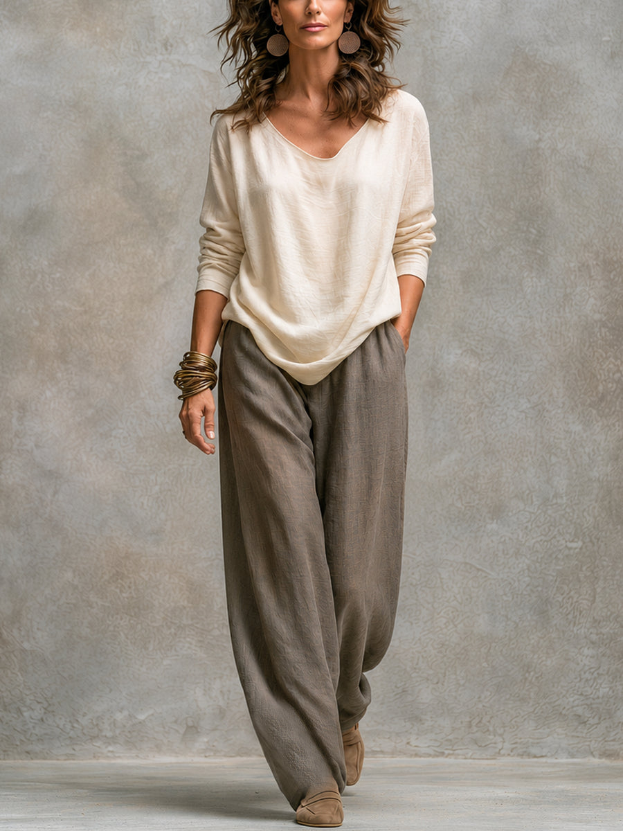 Julieta | Conjunto de tres piezas con pantalón palazzo, en beige y gris