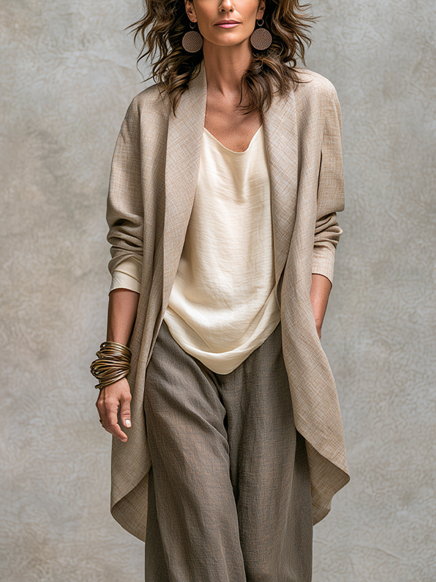 Carmen | Elegante traje de tres piezas en beige y gris con pantalones palazzo en capas