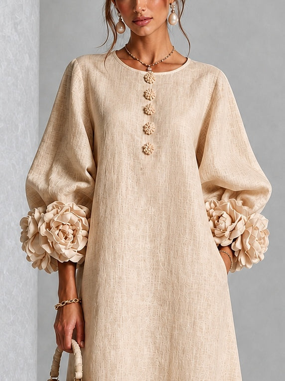 Vestido midi beige con estampado floral, botones y mangas con motivos florales extravagantes
