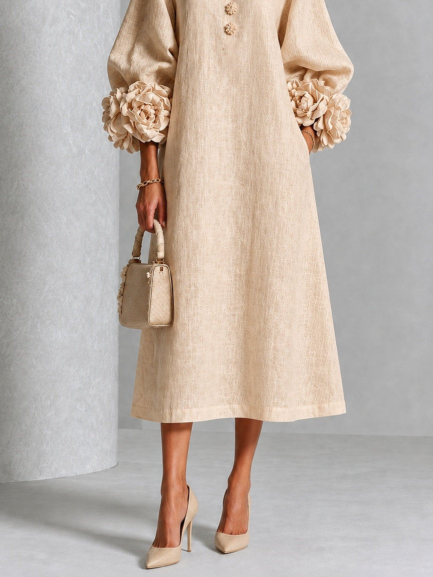 Vestido midi beige con estampado floral, botones y mangas con motivos florales extravagantes