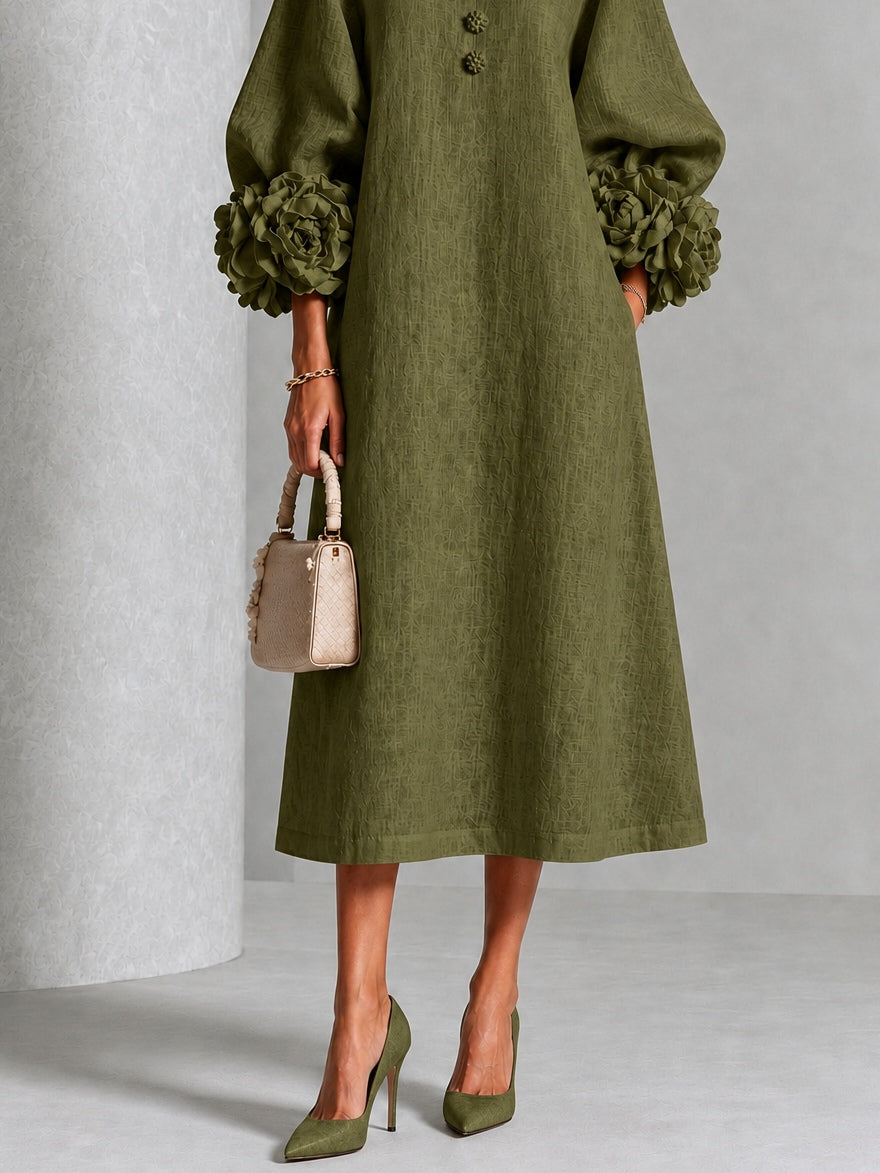 Vestido midi de color oliva con botones y mangas con estampado floral extravagante