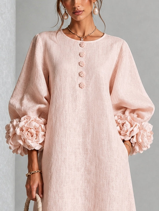 Vestido midi rosa con botones con motivos florales y mangas con motivos florales extravagantes