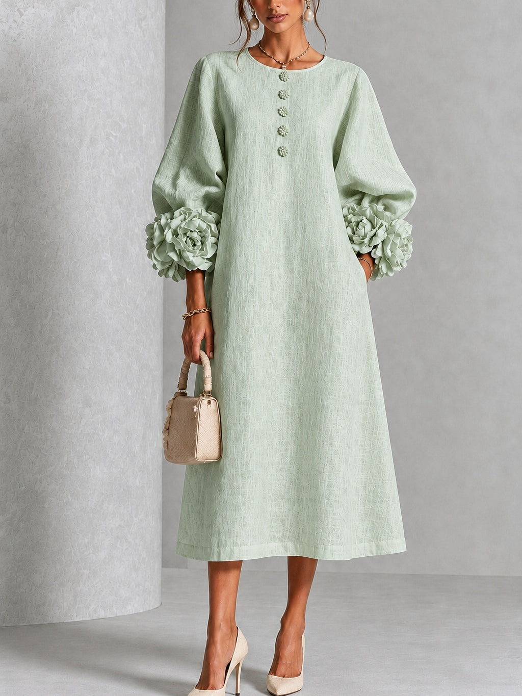 Vestido midi Salvia Mistica con botones y mangas con estampado floral extravagante