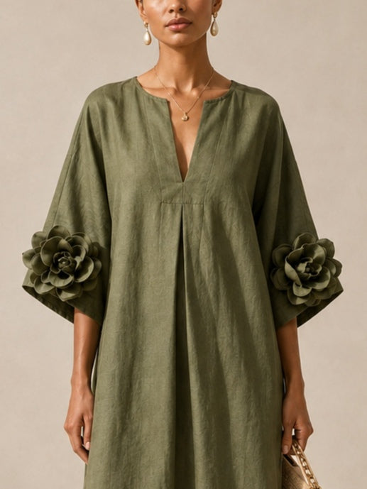 Vestido midi verde oliva con escote en V y mangas con estampado floral extravagante