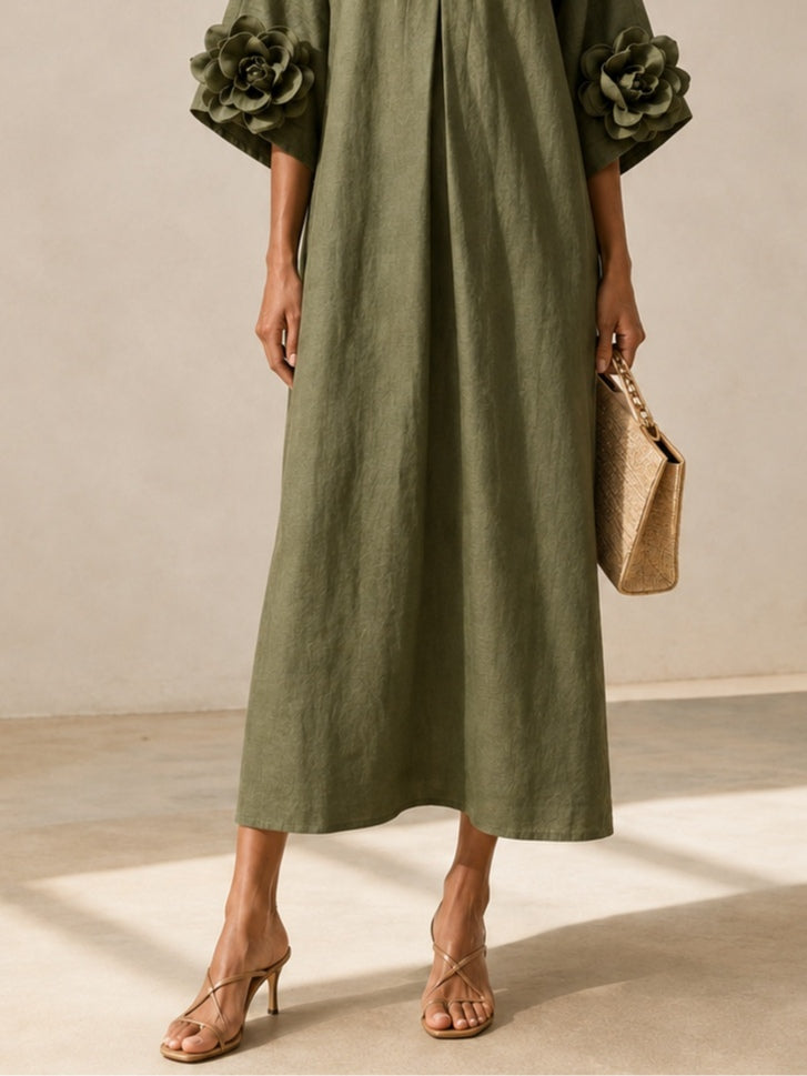 Vestido midi verde oliva con escote en V y mangas con estampado floral extravagante