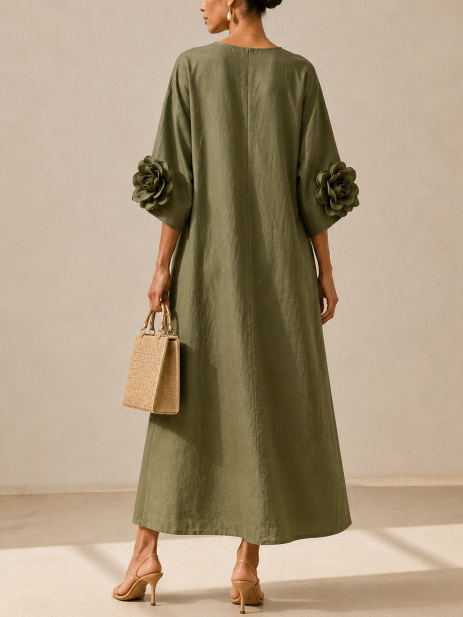 Vestido midi verde oliva con escote en V y mangas con estampado floral extravagante