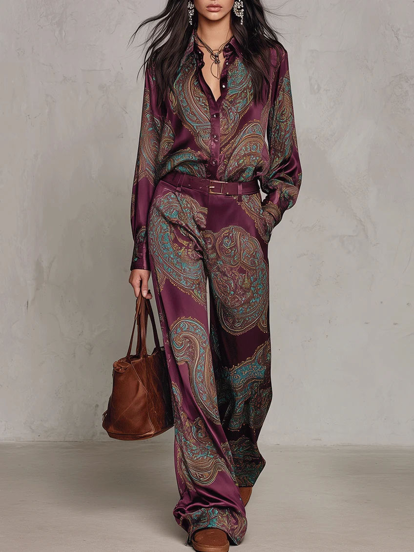 Conjunto compuesto por una camisa de manga larga de satén con estampado de paisley en tonos burdeos y morado, y unos pantalones de pierna ancha