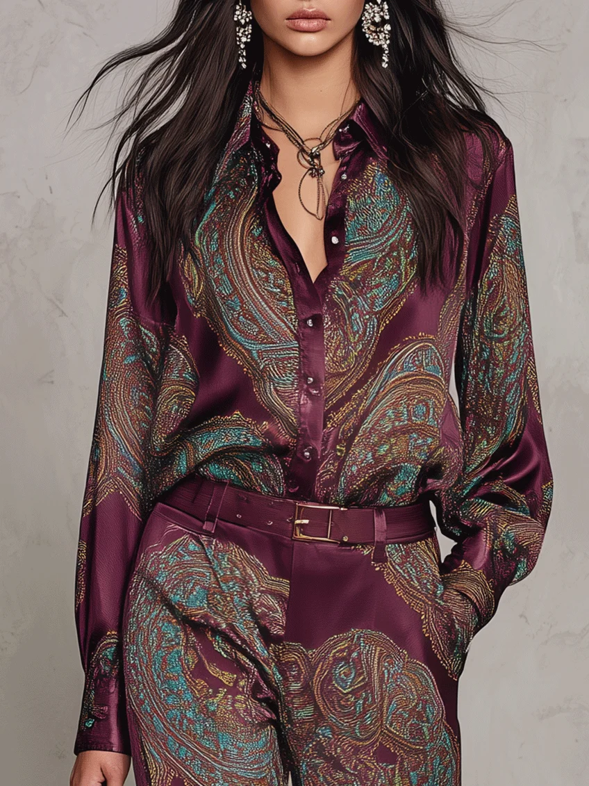 Conjunto compuesto por una camisa de manga larga de satén con estampado de paisley en tonos burdeos y morado, y unos pantalones de pierna ancha