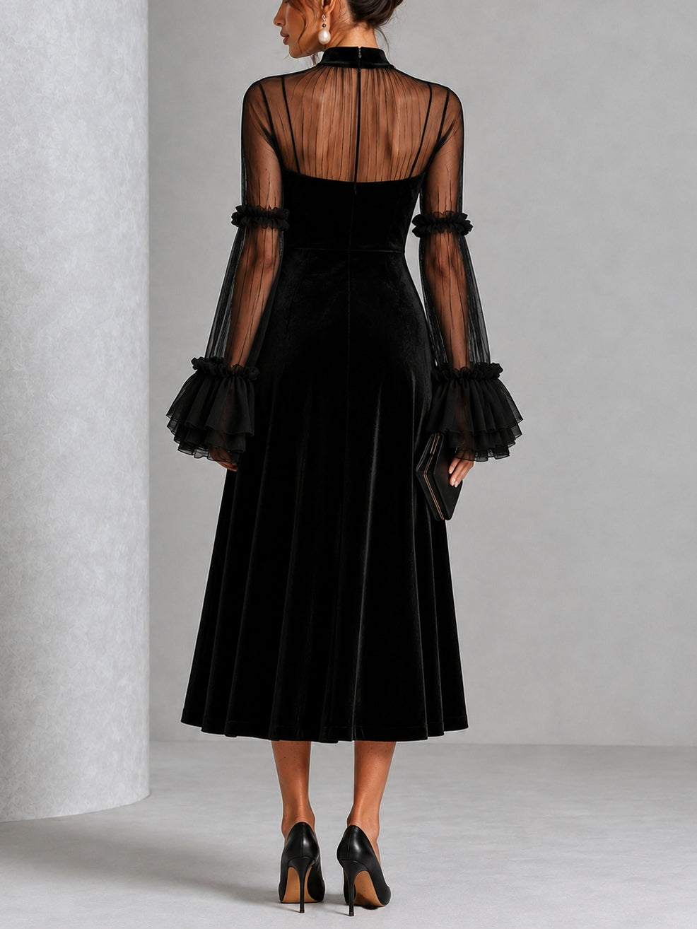 Beatriz | Vestido midi de terciopelo con mangas de tul, negro
