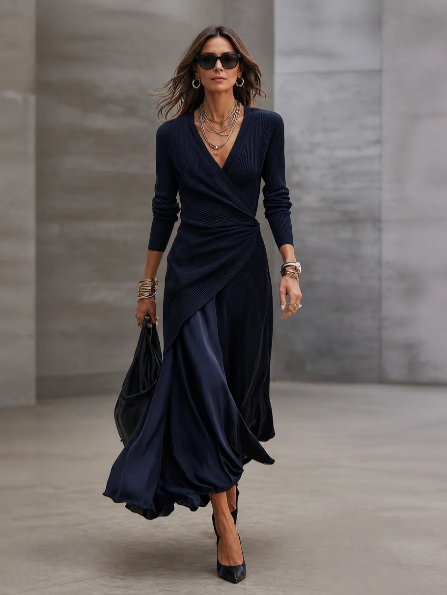 Tamara | Vestido largo cruzado con falda de raso, azul marino