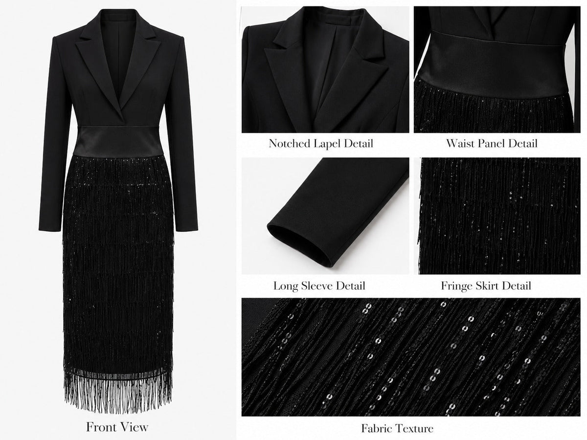Amparo | Vestido midi con corte tipo blazer, lentejuelas y flecos en negro