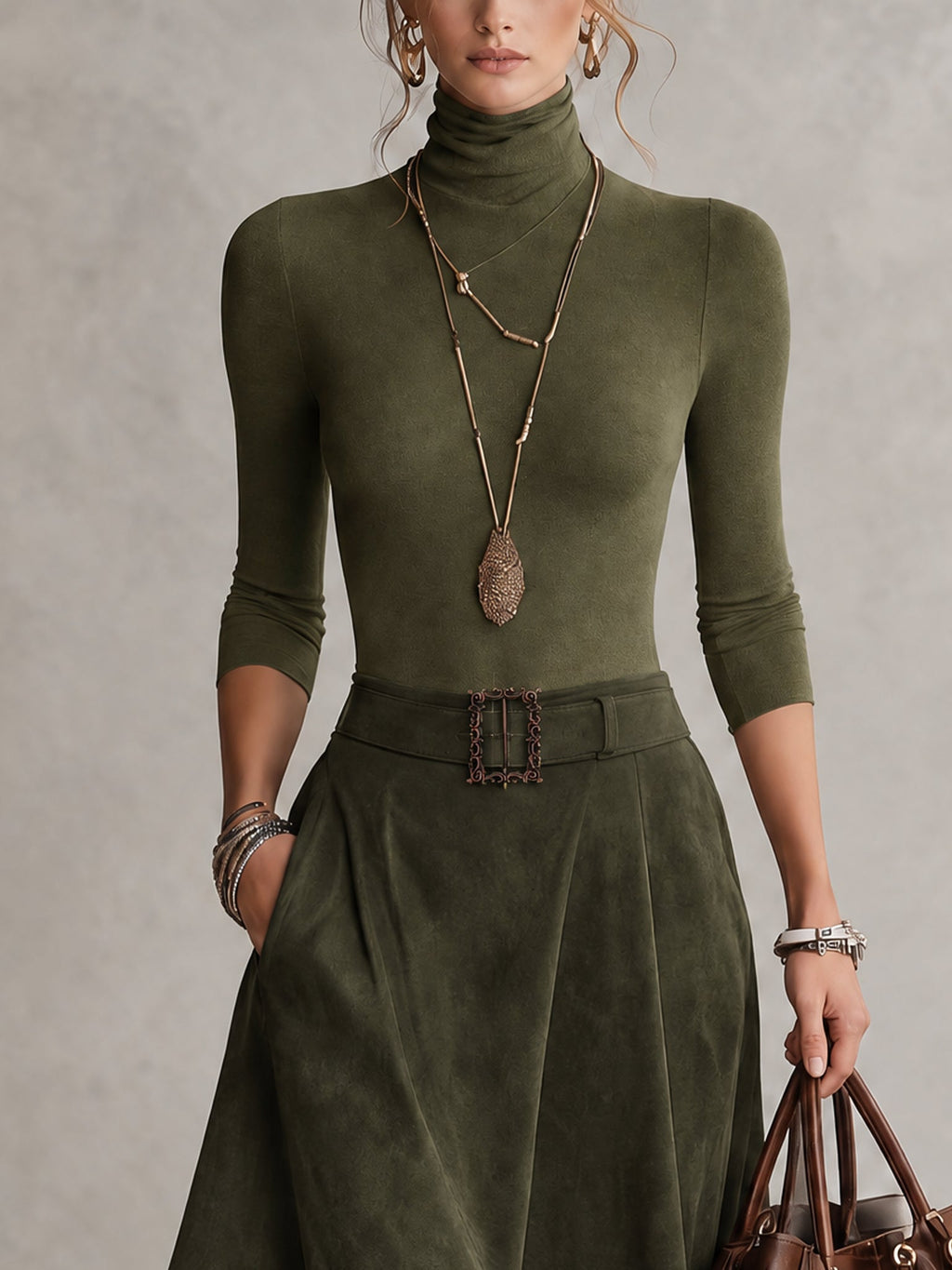 Amparo | Conjunto verde con top de cuello alto y falda midi asimétrica de imitación de ante (con cinturón)