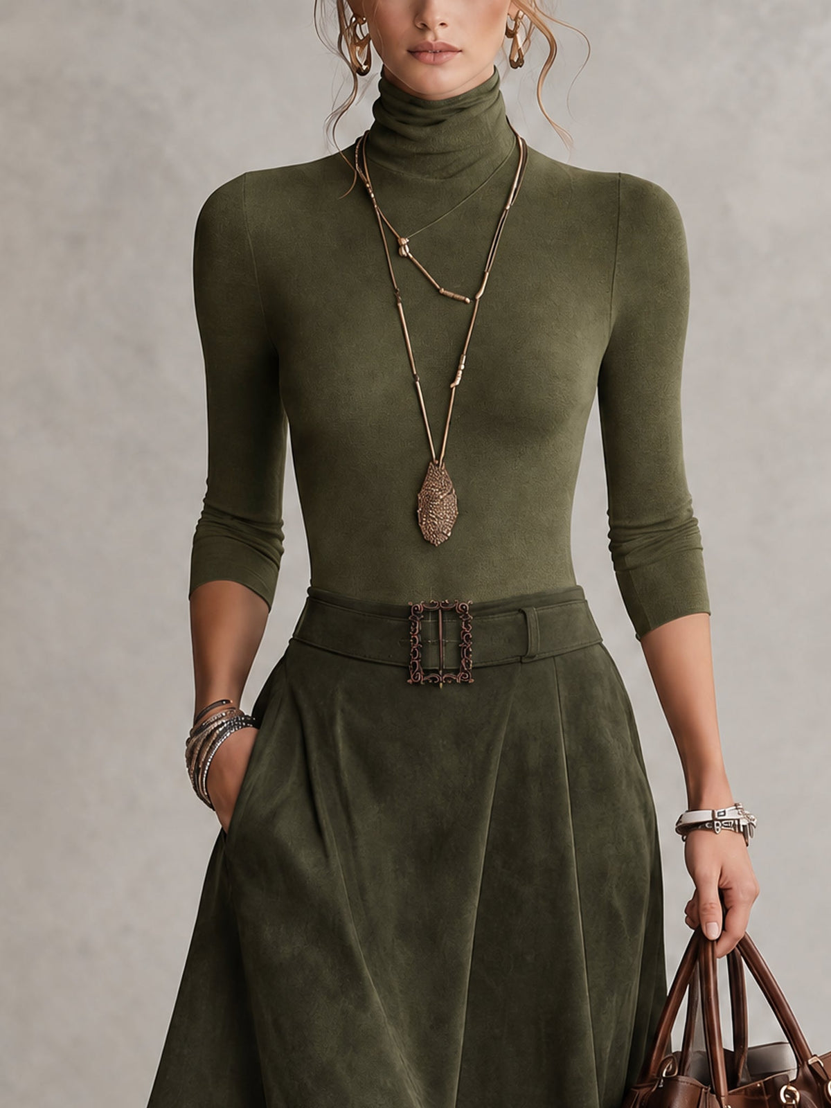 Amparo | Conjunto verde con top de cuello alto y falda midi asimétrica de imitación de ante (con cinturón)