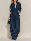 Dana | Vestido largo plisado azul marino con escote en V