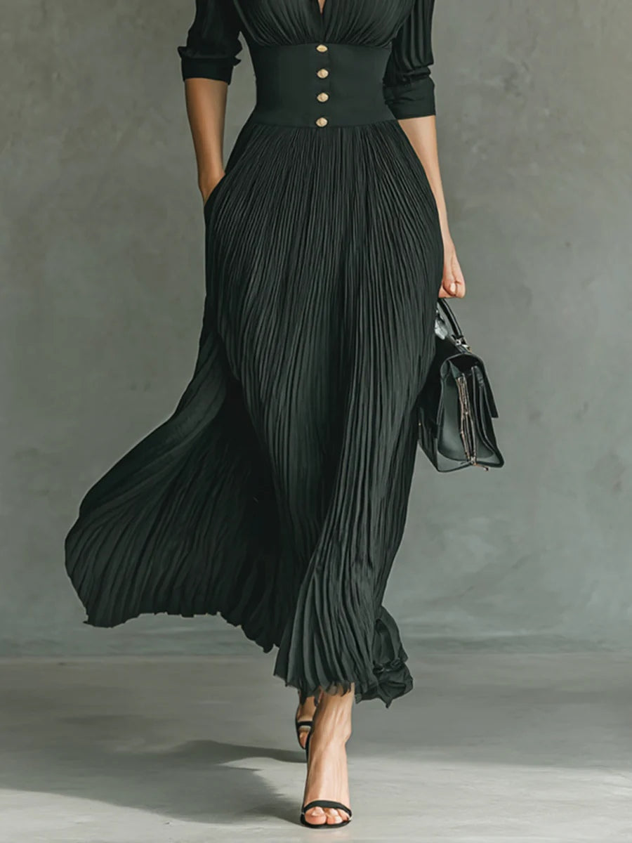 Carmen | Vestido largo plisado con solapas y cintura alt