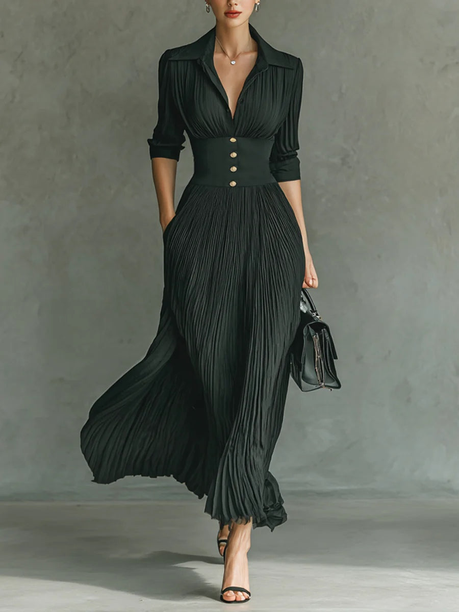 Carmen | Vestido largo plisado con solapas y cintura alt