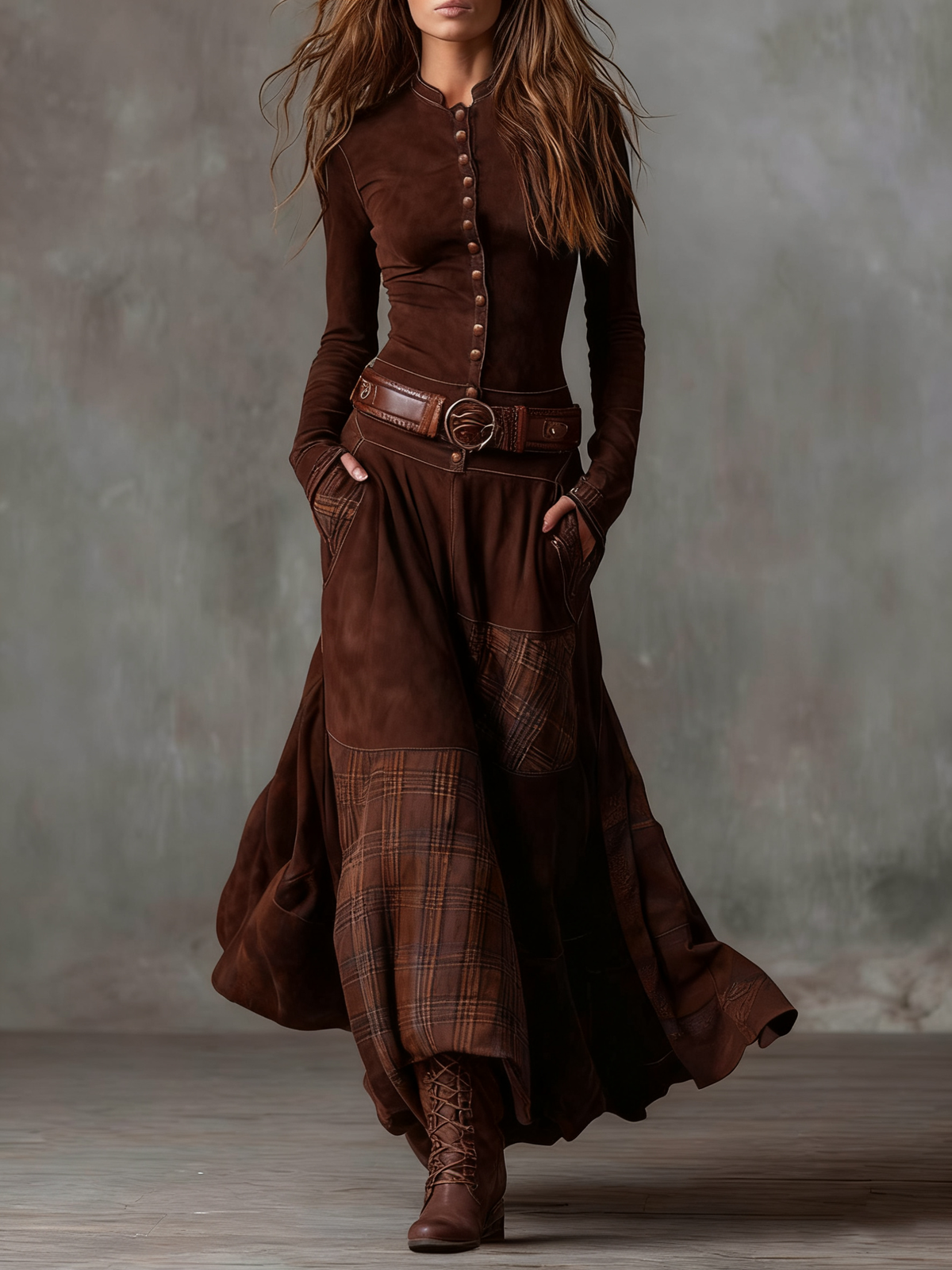 Élis | Vestido largo de ante sintético con cinturón