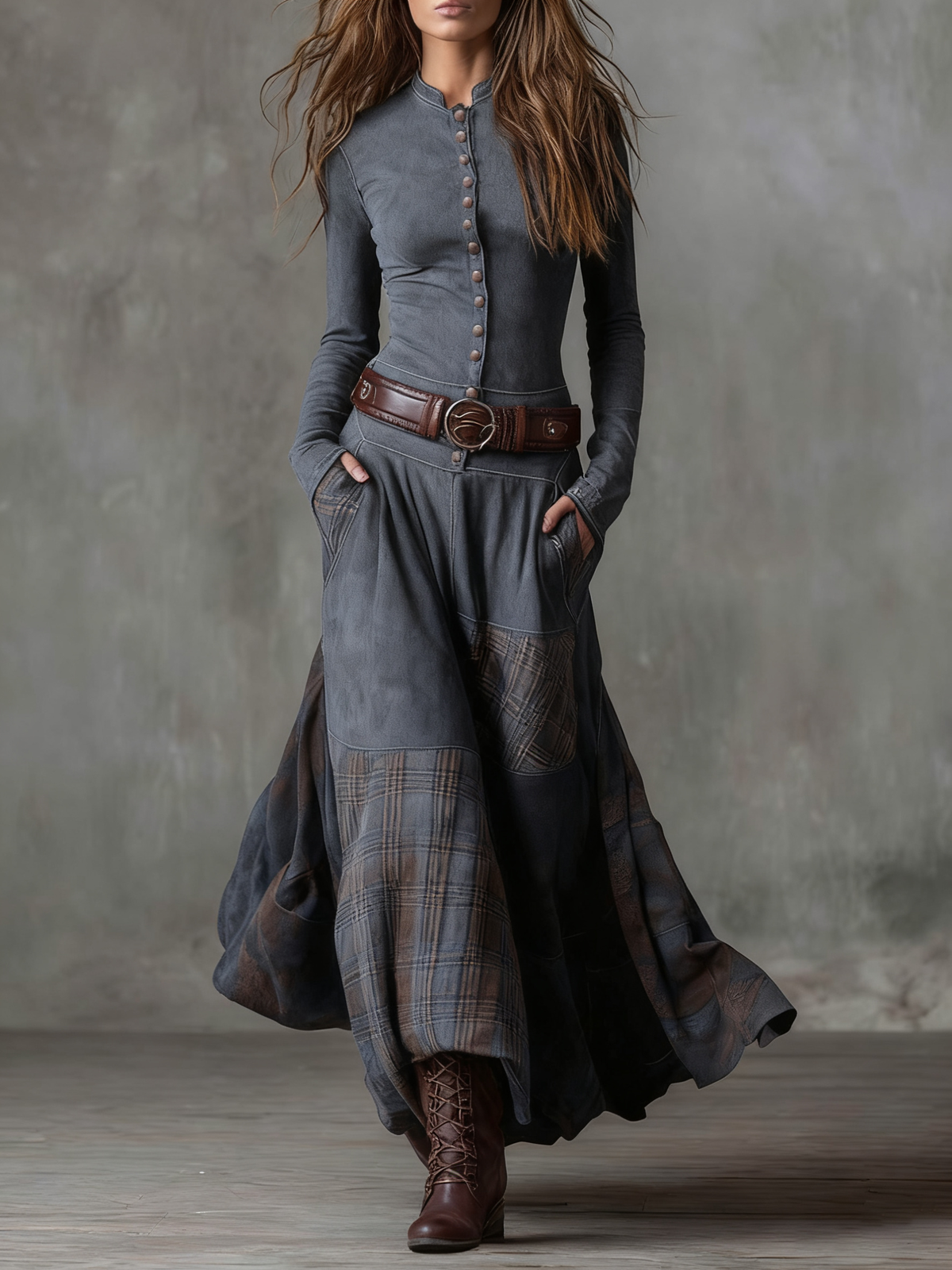 Élis | Vestido largo de ante sintético con cinturón