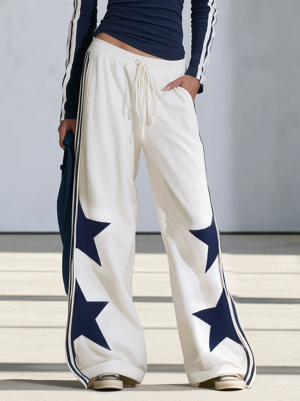 Claudia | Conjunto compuesto por un top de manga larga con estampado de estrellas azul marino y unos pantalones de pierna ancha